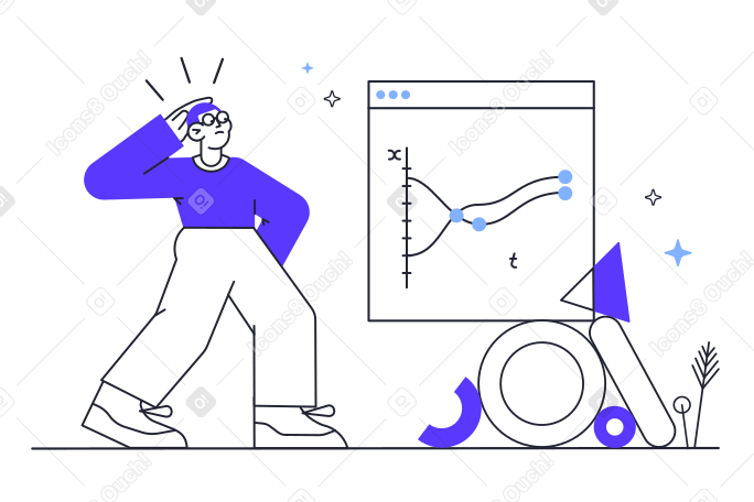 Nachdenklicher mann, der sich analysen ansieht animierte Grafik in GIF, Lottie (JSON), AE