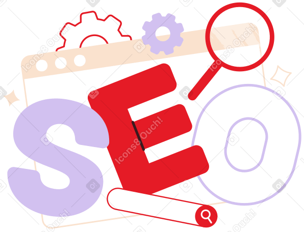 Lettering SEO with target, magnifyer and gears text PNG, SVG