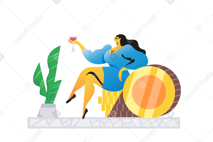 woman sitting on a pile of coins with a drink PNG, SVG