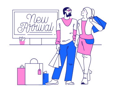 Надпись «новое прибытие» с людьми, которые покупают онлайн в PNG, SVG