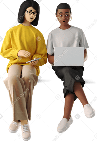 3D young women sitting with laptop PNG, SVG