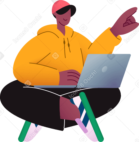man sitting with a laptop and his left hand raised up PNG, SVG