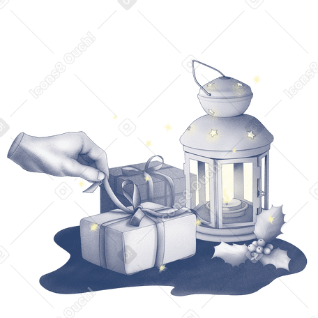 Regali di natale, bacche di agrifoglio e lanterna con tealight PNG, SVG