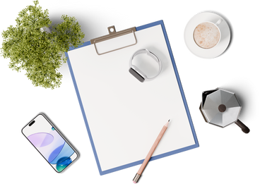 Top view of clipboard, smartphone, smart watch, and moka pot PNG, SVG