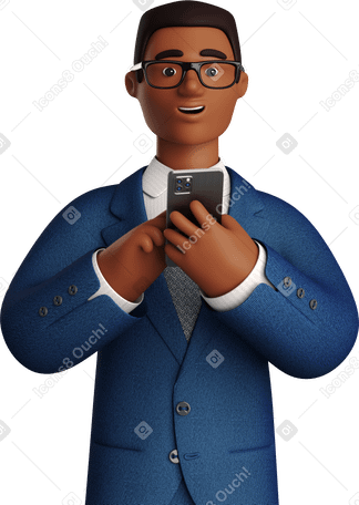 3D black businessman in blue suit with phone looking straight PNG, SVG