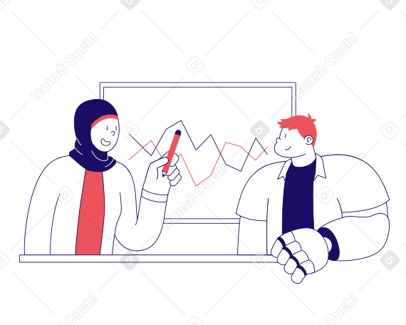 Illustration animée Homme et femme discutant du graphique sur le tableau blanc aux formats GIF, Lottie (JSON) et AE