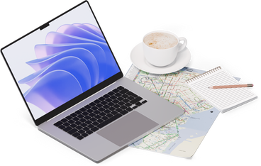 Vista isométrica del mapa, computadora portátil, cuaderno, lápiz y taza PNG, SVG