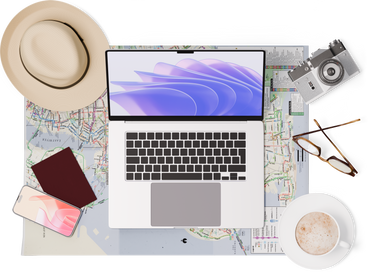 Vista superior del mapa, computadora portátil, sombrero, pasaporte, teléfono inteligente, cámara y gafas PNG, SVG