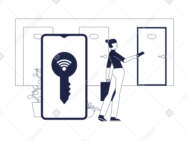 La donna applica la chiave digitale alla porta dell'hotel PNG, SVG