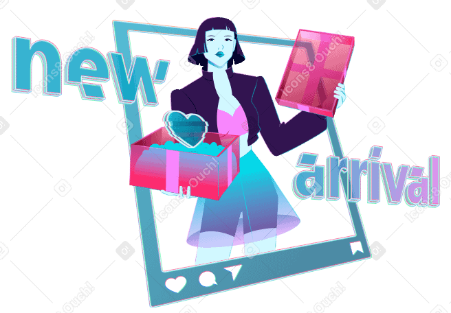 Text new arrival and young woman opening a box lettering PNG, SVG
