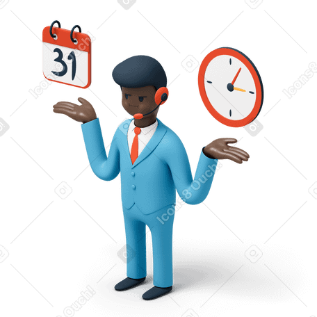 3D Customer support worker with clock and calendar Illustration in PNG, SVG