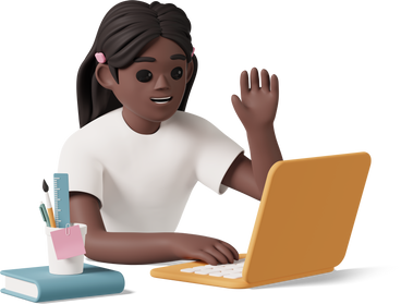 black girl sitting in front of laptop and waving PNG, SVG