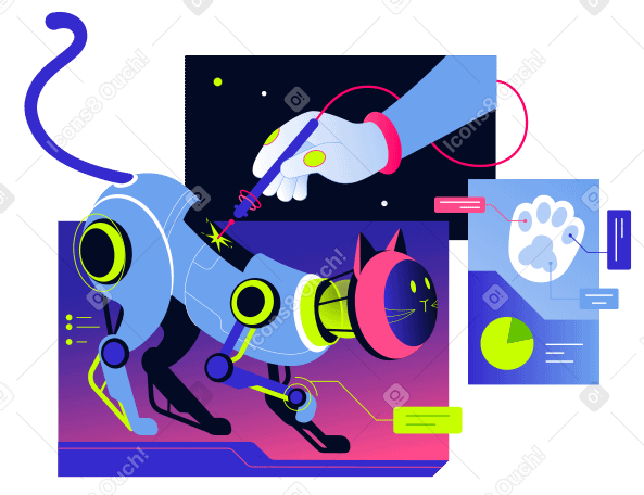 Human hand repairing a cat robot next to a cat paw diagram Illustration in PNG, SVG