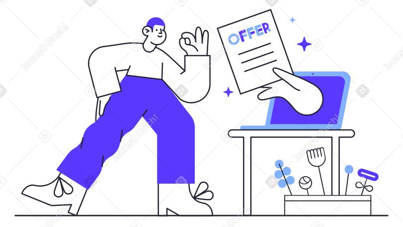 Illustration Homme debout près d'un ordinateur portable avec une main tenant une offre d'emploi aux formats PNG, SVG