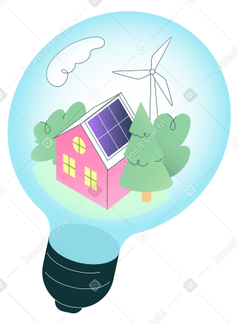 Дом с ветряком и солнечной панелью в лампочке в PNG, SVG