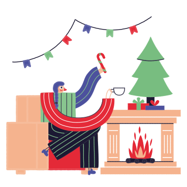 Woman celebrating christmas near decorated fireplace PNG, SVG