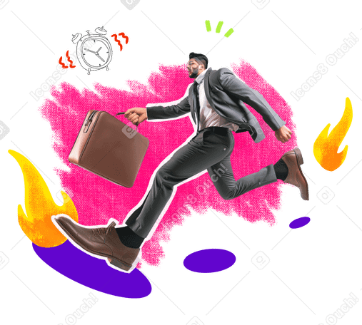 Collage di un uomo d'affari in giacca e cravatta che corre per rispettare una scadenza PNG, SVG