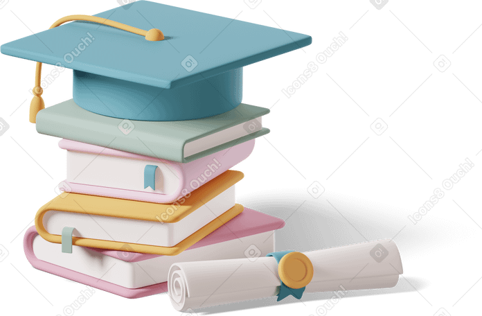 3D books, graduation hat and diploma scroll Illustration in PNG, SVG
