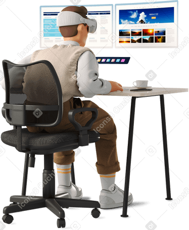 3D man wearing vr glasses at his desk PNG, SVG
