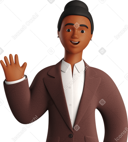 3D black businesswoman in brown suit waving hello PNG, SVG