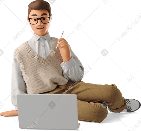 3D young man working on a laptop в PNG, SVG