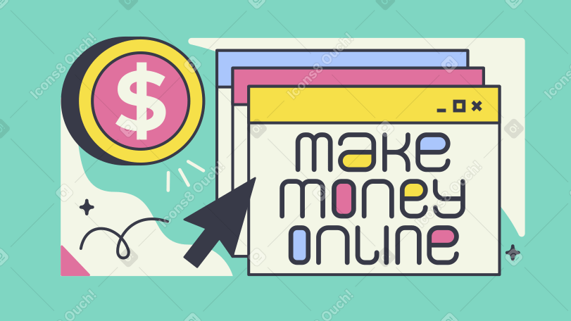 Lettering Make Money Online in browser and coin PNG, SVG