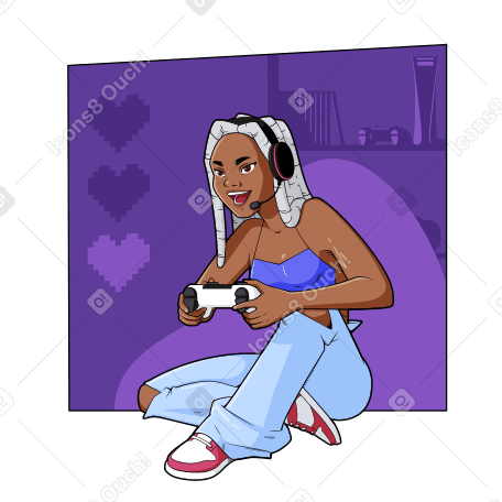 Menina sentada no pufe e jogando videogame PNG, SVG