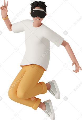 3D jumping man in vr glasses shows v-sign PNG, SVG