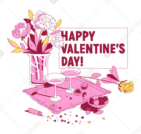 샴페인 잔과 꽃병에 꽃을 넣은 해피 발렌타인 데이 문자 메시지 PNG, SVG