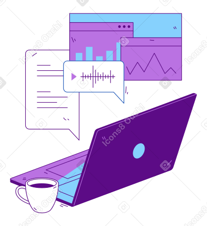 Laptop with speech bubbles and audio messages PNG, SVG