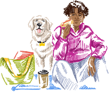 Young man and his dog are having a picnic in the park PNG, SVG