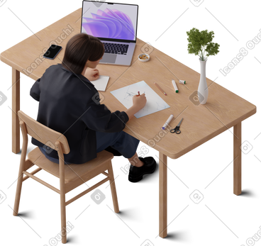 Isometric view of young woman sketching furniture PNG, SVG