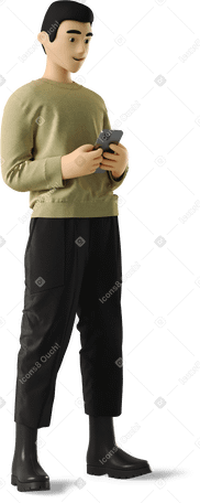 3D asian young man looking at phone in both hands Illustration in PNG, SVG
