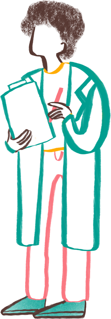person with curly hair in a lab coat writing in a notepad PNG, SVG