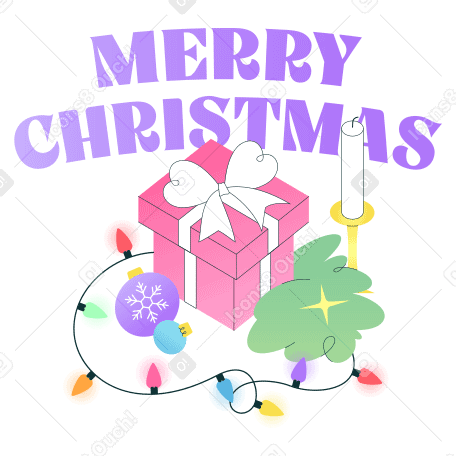 Text Merry Christmas lettering with gift box and garland PNG, SVG