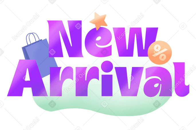 Schriftzug „new arrival“ mit rabattschild und einkaufstaschentext PNG, SVG