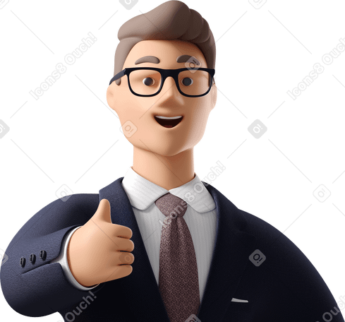 3D close up of businessman in dark blue suit giving thumbs up Illustration in PNG, SVG