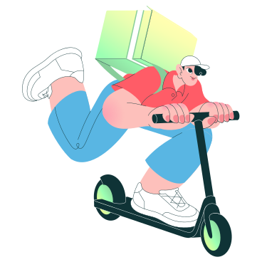 Delivery man riding a kick scooter animated illustration in GIF, Lottie (JSON), AE