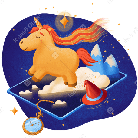 Unicornio mágico y tierra de fantasía en ipad PNG, SVG