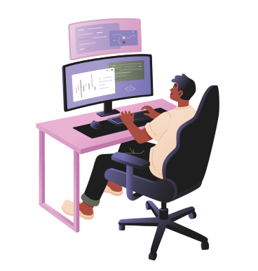 Анимированная иллюстрация Программист-мужчина пишет программный код в GIF, Lottie (JSON), AE