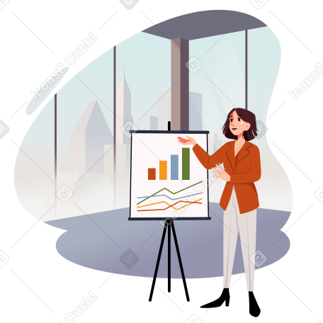 Business woman giving a presentation in an office animated illustration in GIF, Lottie (JSON), AE