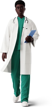 3D black doctor walking with clipboard in hand Illustration in PNG, SVG