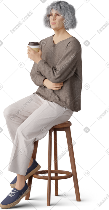 Old woman sitting with cup of coffee PNG, SVG