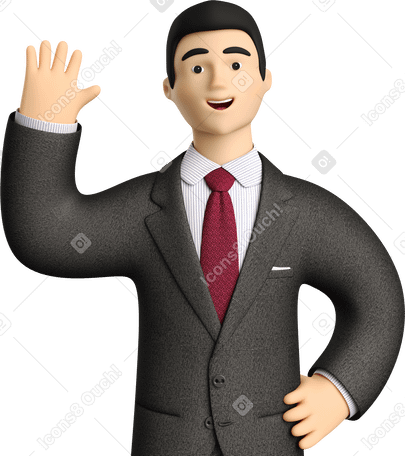 3D businessman in black suit waving hello Illustration in PNG, SVG