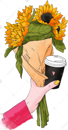 hand holds coffee and a bouquet of flowers with a sunflower PNG, SVG