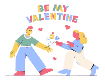 女の子に花を贈る男性と「私のバレンタインになる」をレタリング PNG、SVG