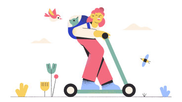 Woman riding scooter with cat in backpack PNG, SVG