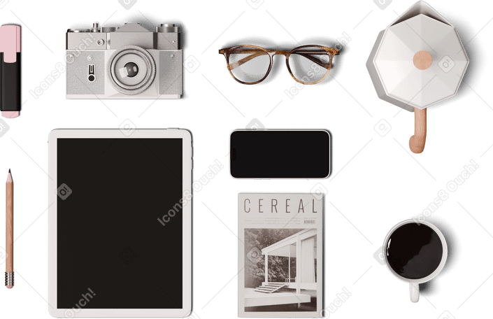 3D top view of blogger's things arranged in perfect order PNG, SVG