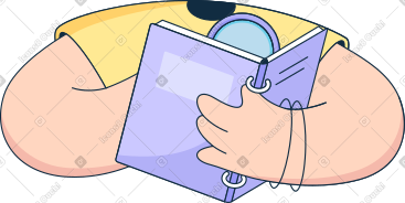 Body in yellow t-shirt with magnifying glass and open book PNG, SVG