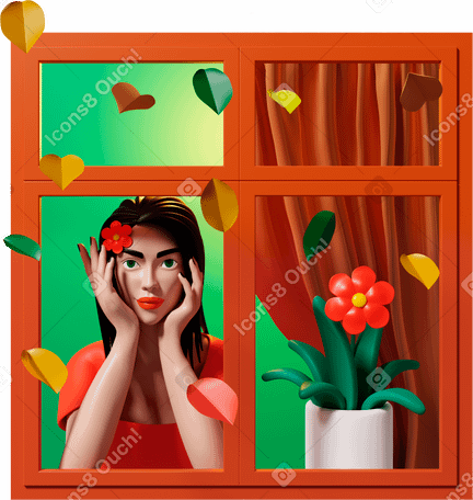 3D girl in window Illustration in PNG, SVG